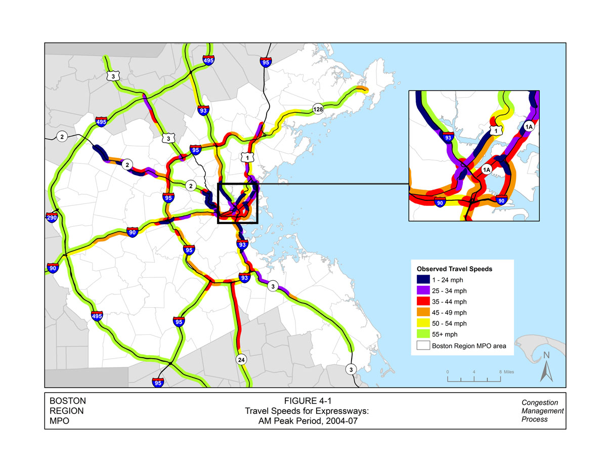 This figure displays the travel speeds for the limited-access roadways and expressways for the Boston Region during the AM peak period. These data were collected between 2004 and 2007. The roadway links are color-coded to show their observed travel speeds. Speeds of 1 to 24 miles per hour are indicated in dark blue, 25 to 34 miles per hour speeds are indicated in purple, 35 to 44 miles per hour speeds are indicated in red, 45 to 49 miles per hour is indicated in orange, 50 to 54 miles per hour is indicated in yellow, and any speed indicated in green is at least 55 miles per hour. There is an inset map that displays the travel speeds for the inner core section of the Boston region.